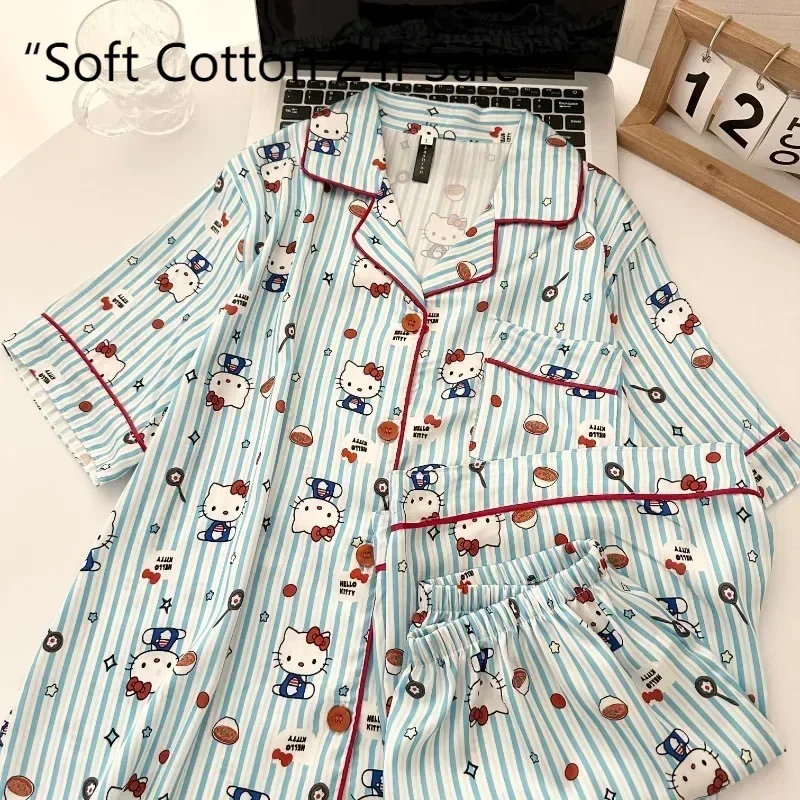 

2025 summer cartoon sky blue Hello Kitty women's pajamas two-piece set of short-sleeved shorts Hello Kitty loose loungewear