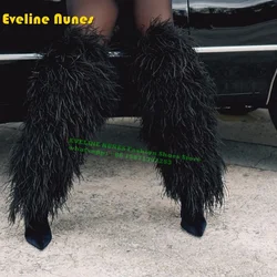 Black Furry Feather Patchwork Fashion Boots Pointed Thin Heel Trendy Stylish Fur Women Sexy Knee High Booties Spicy Girl Winter