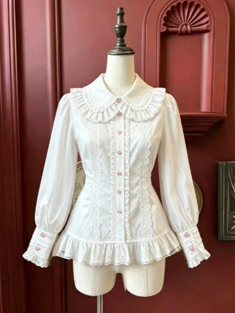 Slim Fit Women Blouse Lolita Style Japanese Fashion Lace Ruffles Summer Sweet Shirts Camisas De Mujer Casual Wear Tops Blouses