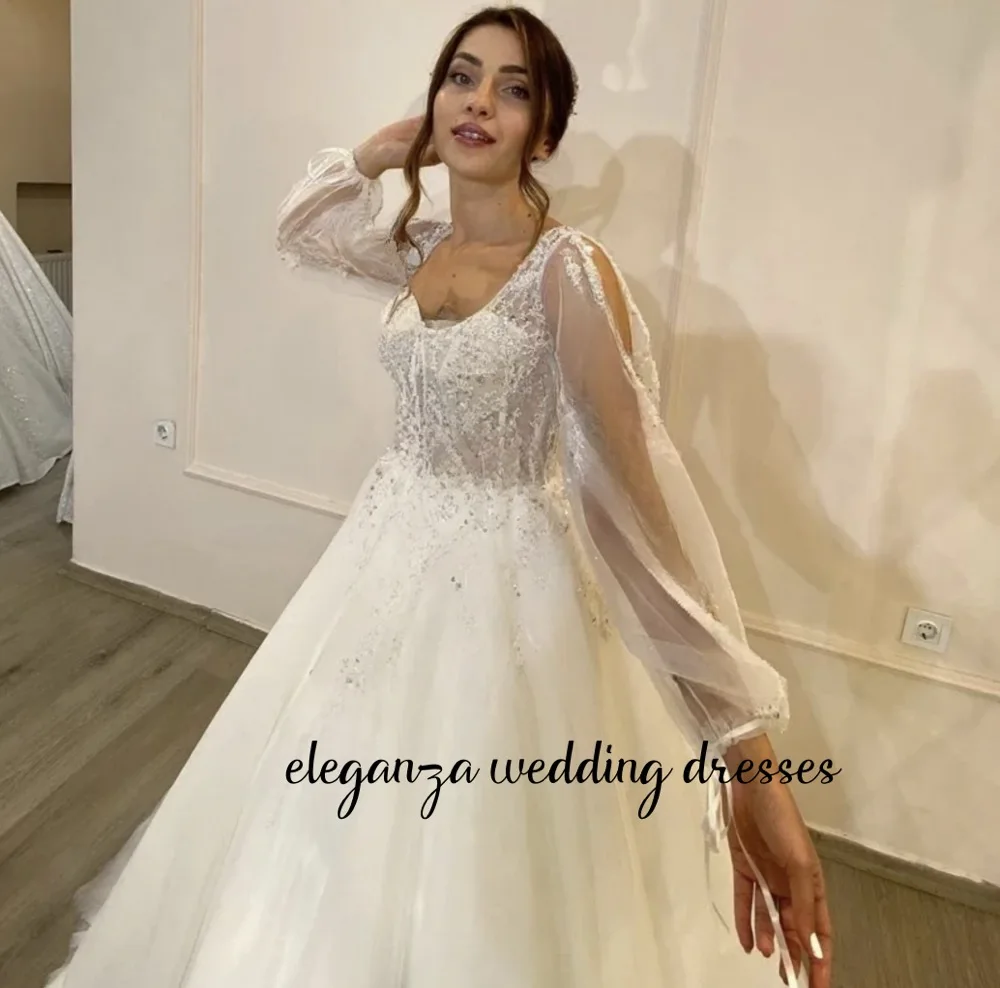 Customized Fangling Princess Wedding Dress Sweetheart Lace Decal Bridal Dress A-line Fluffy Sleeves Tulle Vestidos De Novia