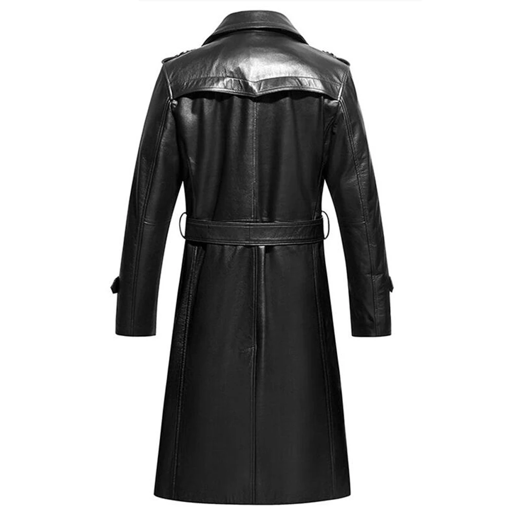 Denny&Dora Men's Cowhide Coat Black Leather Coat Detachable Fox Fur Collar Long Cowhide Overcoat