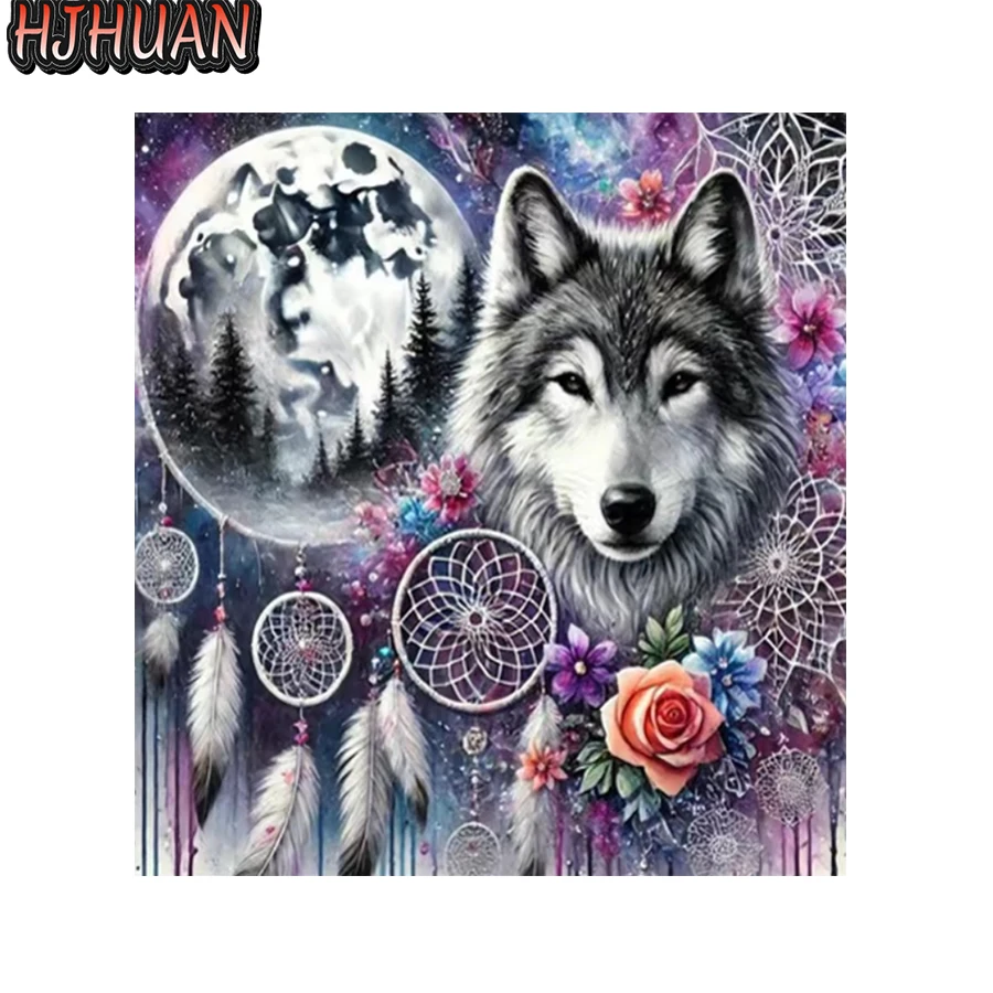 5D Diy Diamond Painting Dream network, animal wolf Full Round Square Drill Mosaic Wall Art Picture Home Decoration Birthday Gift