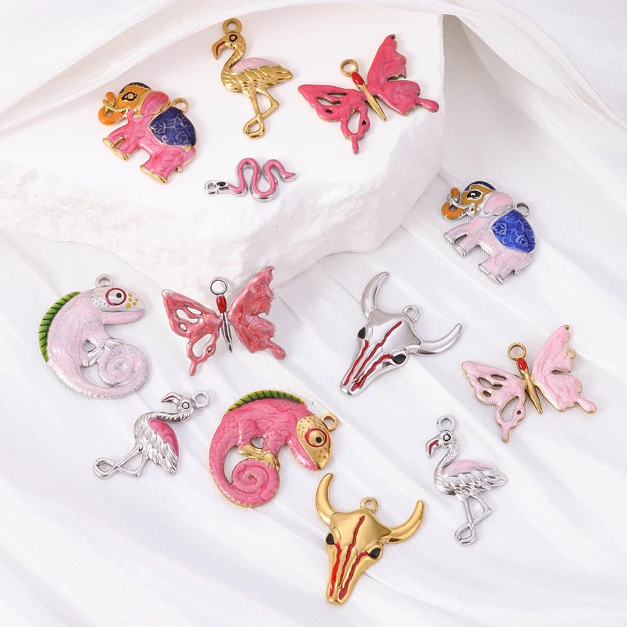 5Pcs/Lot Drip Oil Stainless Steel Charms Animal Creative Butterfly Flamingo Elephant Lizard DIY Pendant For Jewelry Bracelet