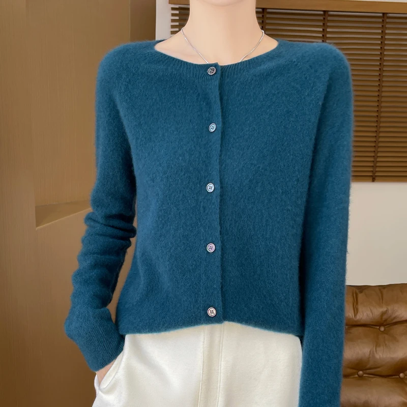 2024 Autumn/Winter Merino Wool Crewneck Cardigan Women\'s Knitted Top Fashion Solid Color Basic Sweater Cardigan