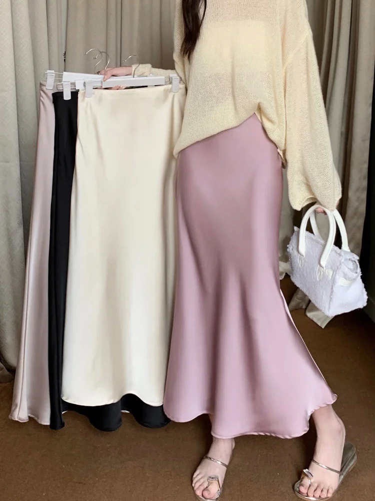 Women\'s Long Skirt Spring Summer Satin Silk A-line Skirt High Waist Ladies Korean Fashion Solid Pink Fishtail Skirts for Women