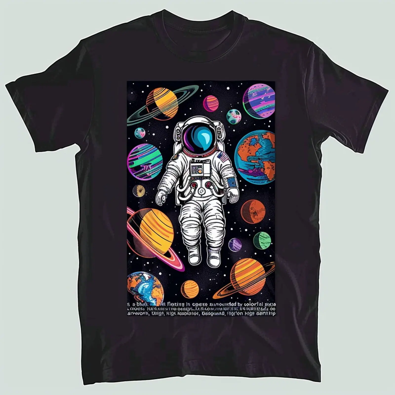 Space Explorer: Intricate Astronaut and Planets Black T Shirt Graphic Design