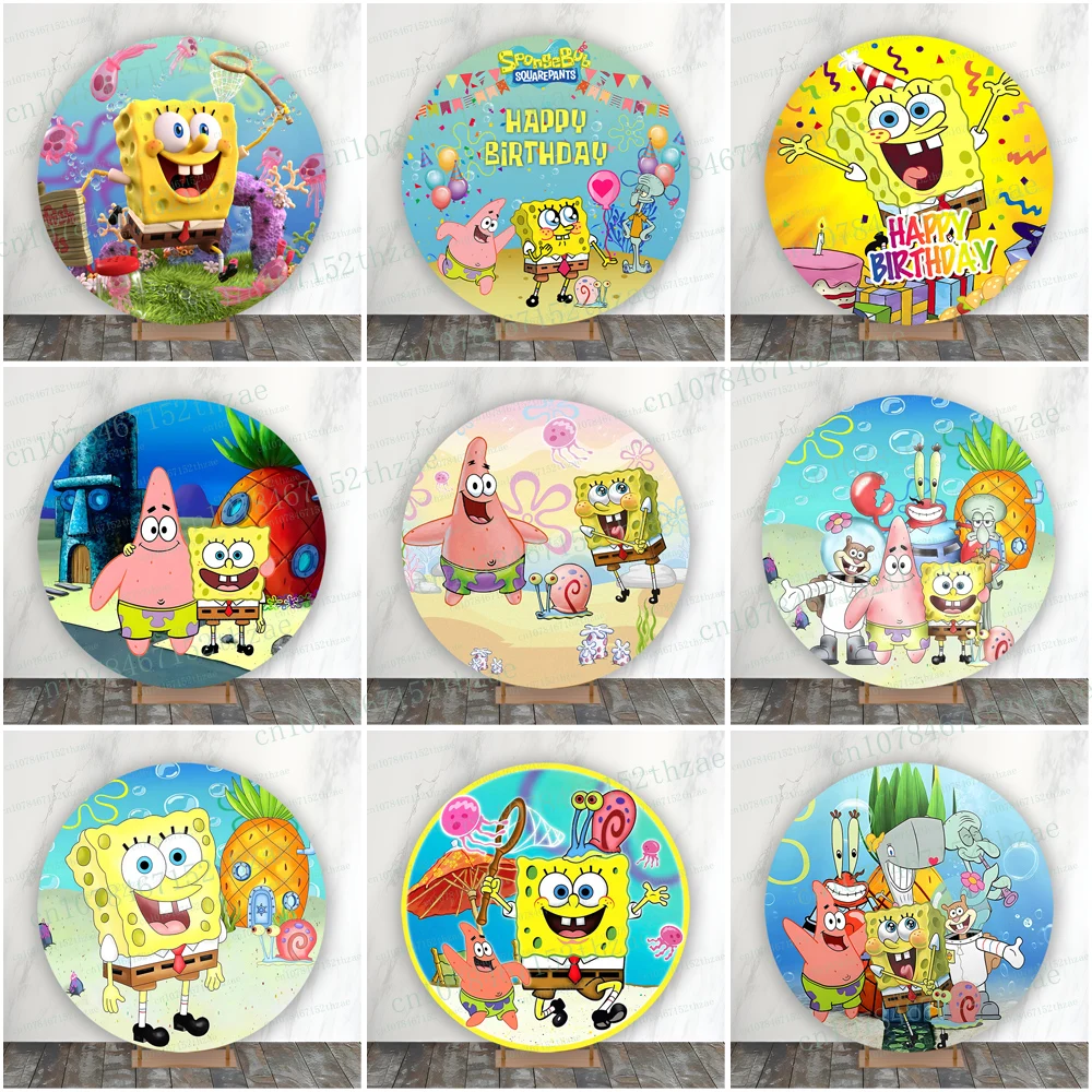 

SpongeBob Birthday Party Photo Background Baby Shower Round Photography Backdrop Cartoon Banner Decoration ﻿