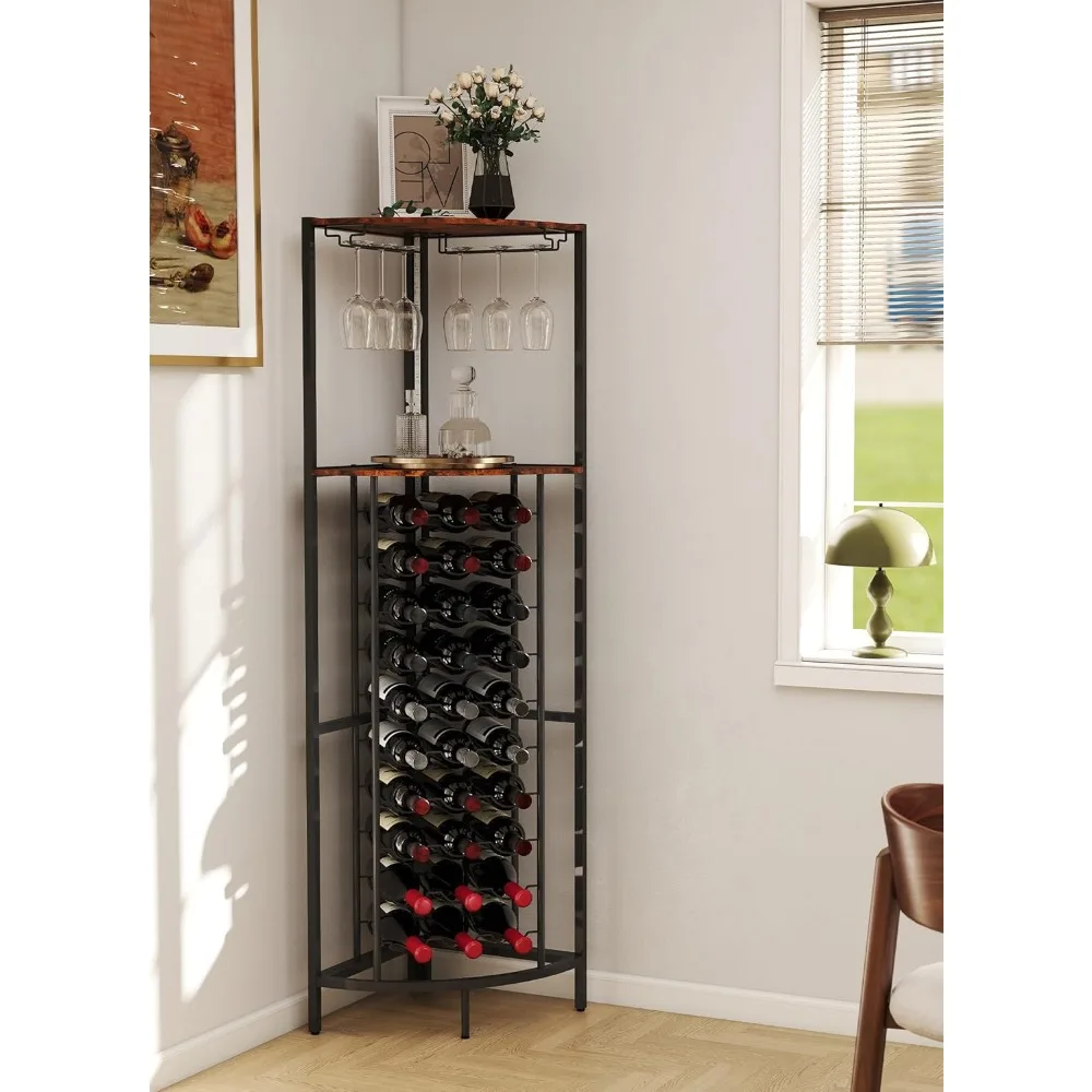 ชั้นวางไวน์แบบมุมพร้อมไฟ LED, ชั้นวางไวน์ 30 ขวด, ตู้บาร์แบบตั้งพื้นมุมพร้อมที่วางแก้วและชั้นเก็บของ