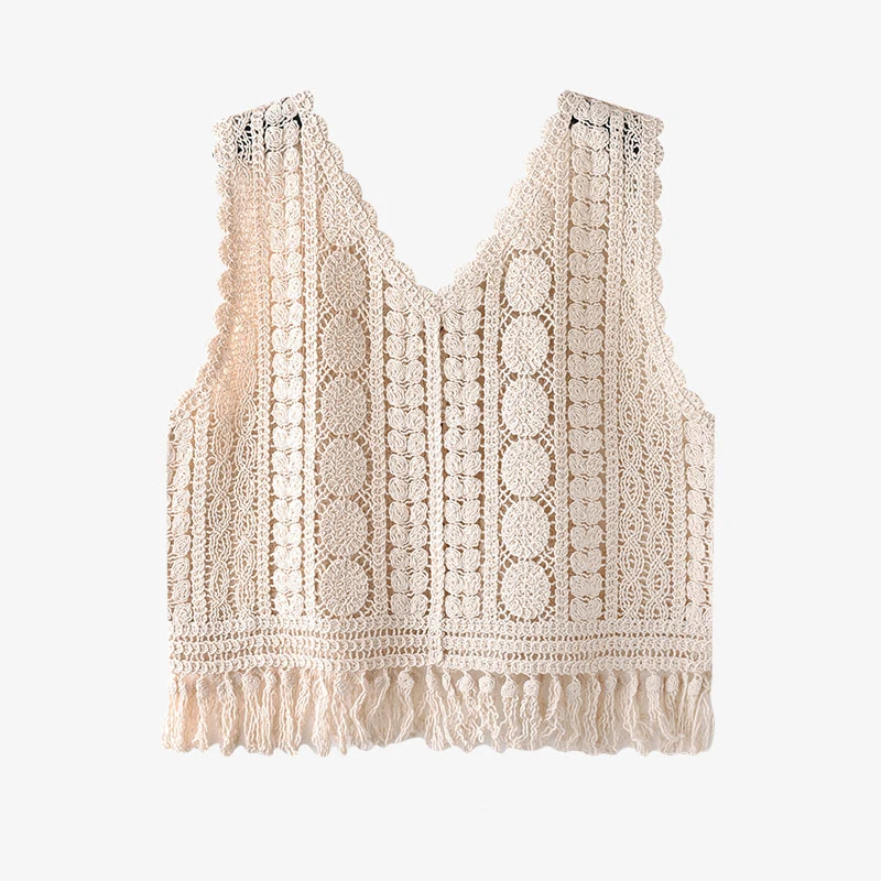 Fringed Crochet Top Sheer Open-work Sleeveless Button Front Tanks and Camis Vest Summer Top for Women Boho Beach Vacation Outfit