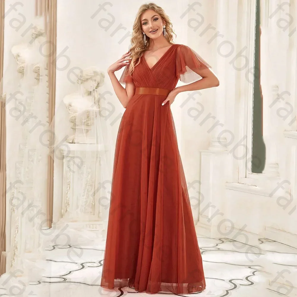 

Простое платье подружки невесты оранжевого цвета по индивидуальному заказу для свадебного гостя с V-образным вырезом и короткими рукавами, тюлевое вечернее платье для выпускного вечера длиной до пола, горничной