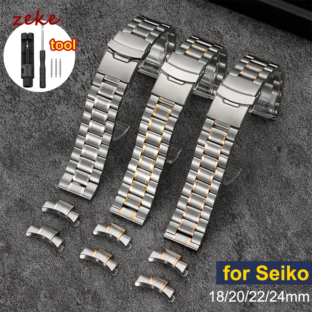 

Curved End Solid Stainless Steel Strap 18mm 20mm 22mm 24mm Men's Metal Double Press Folding Buckle Bracelet Watch Band for Seiko