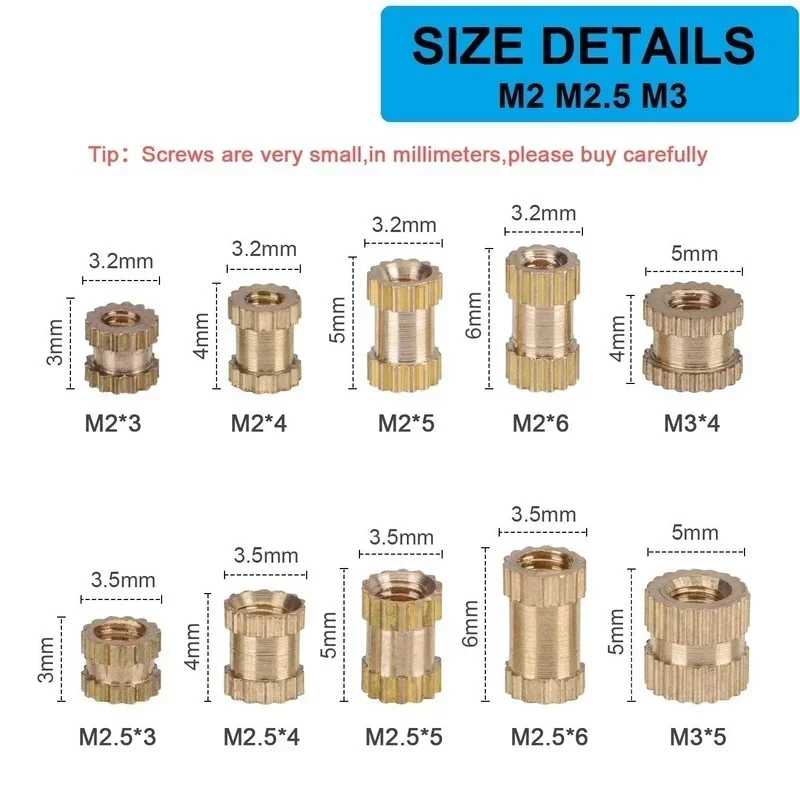 Kit de combinación de tuerca moleteada de doble paso, rosca interna de latón moleteado, sujetador de cobre, M2, M2.5, M3, 200 piezas