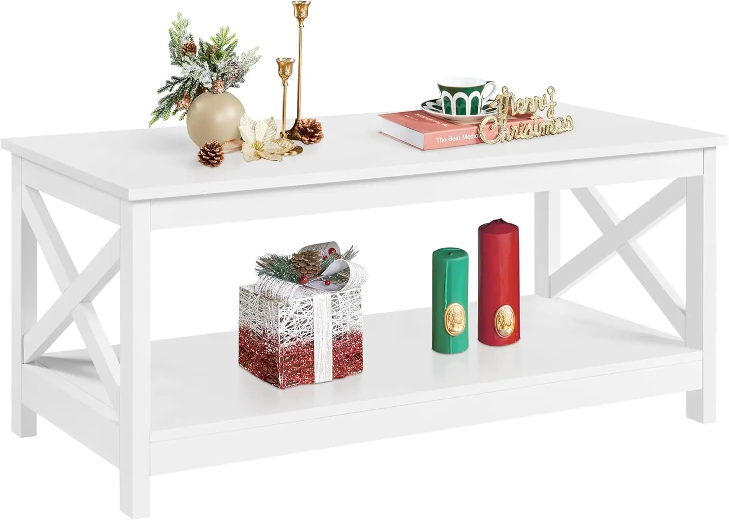 

White 2-Tier Coffee Table with Storage Shelf, X-Design Accent Furniture for Living Room, 39.5x20x18 Inches