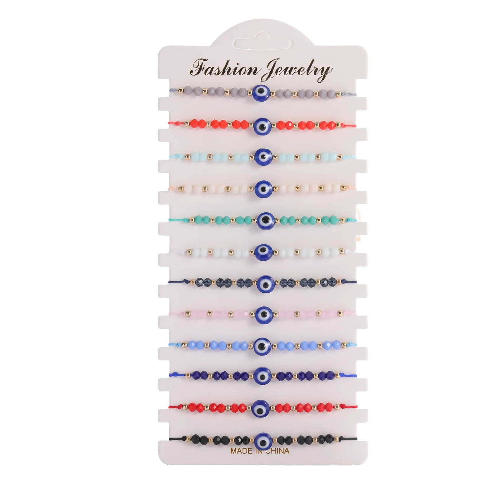 12pcs/Set Wholesale Glass Crystal Round Evil Eye Lucky Bracelet Women Hot Fashion Summer Beach String Braided Jewelry Present