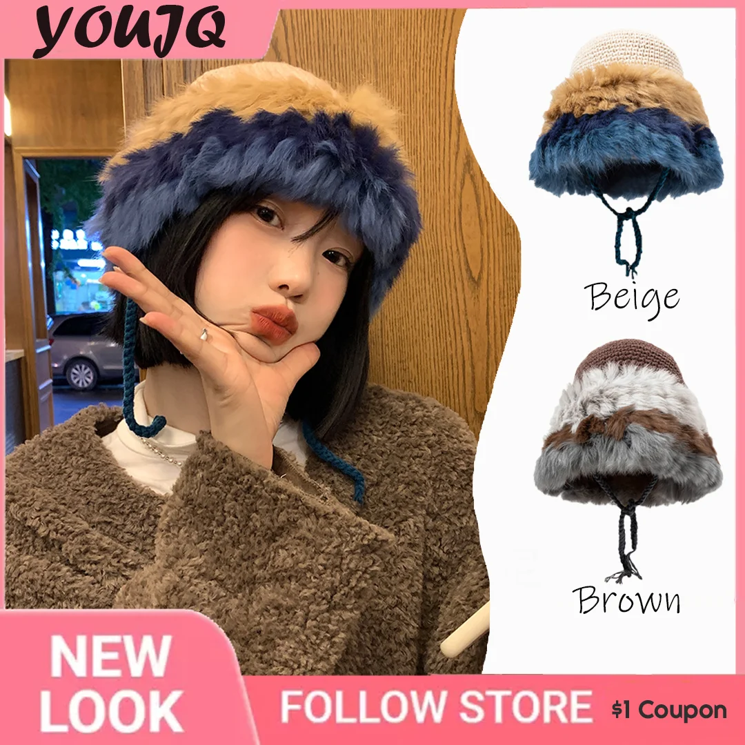 

Y2K Women's Color-blocking Rabbit Fur Straw Hat Korean Version Cute Plush Ear Protection Hat Winter Spliced Warm Beanie