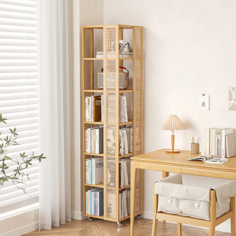 

Rattan Bookshelf Floor Shelf Movable Rotating Bookshelf 360 Degree Corner Cabinet Display Cabinet Solid Wood Bookcase