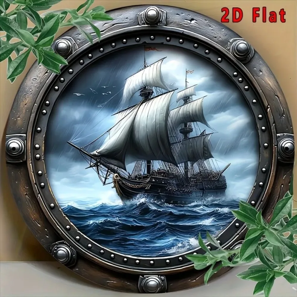 

2D Pirate Ship Through Porthole - Decorative Ocean Storm Sign for Room Decor
