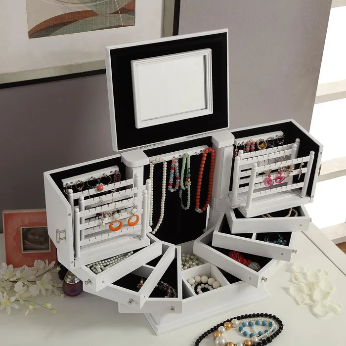 Large-capacity multi-functional solid wood, dust-proof jewelry storage box creativity, multi-layer earring jewelry box