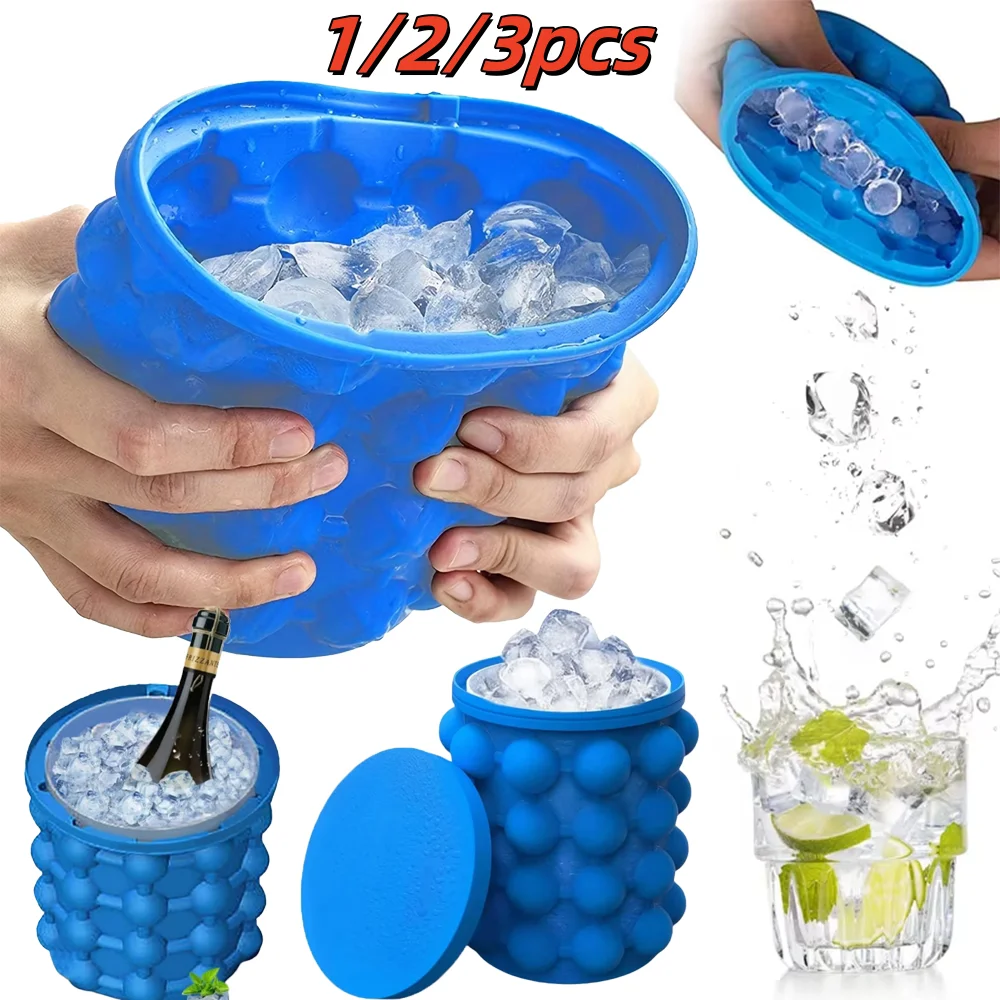 1-3pcs Ice Cube Mold Ice Tray Large Silicone Ice Bucket (2-In-1) Round Ice Bucket For Bars Clubs Restaurants Kitchen Drink Tools