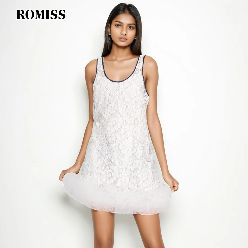 

ROMISS Lace Hollow Out Slimming Dresses For Women Round Neck Sleeveless High Waist Patchwork Mesh Chic Dress Female New