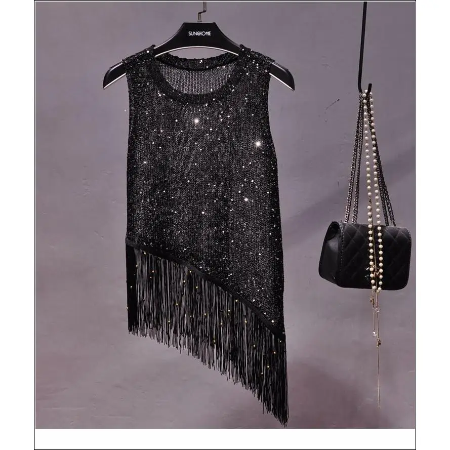 Korean-Style Knitted Tank Top Women 2026 New Summer Sequined Fringed Tank Top Gold Small Sling Outer Wear Sleeveless Shirt