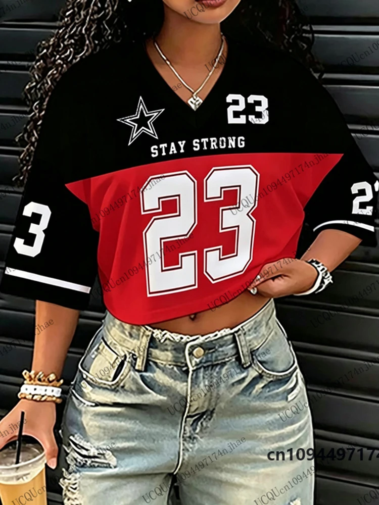 2026 Neues „Stay Strong“ Nr. 23 Print T-Shirt für Damen, Sommer, Kurzarm, Sexy Crop Top, Fußballtrikot, Y2k V-Ausschnitt Tees, Sport-Oberteile – Detail 7