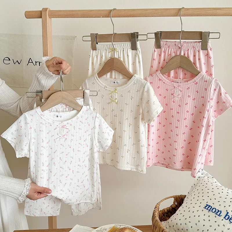 Summer New Girl's Clothes Korean Version Floral Short Sleeve  T-shirt+Long Pants Home Wear Two Pieces Set Breathable Clothes