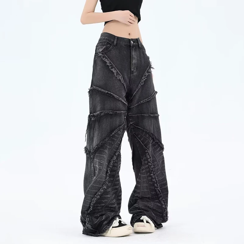 HOUZHOU Y2K Punk Black American Street Rock Retro High Waist Oversized Jeans Women Raw Edge Washed Darkwear Wide Leg Trousers