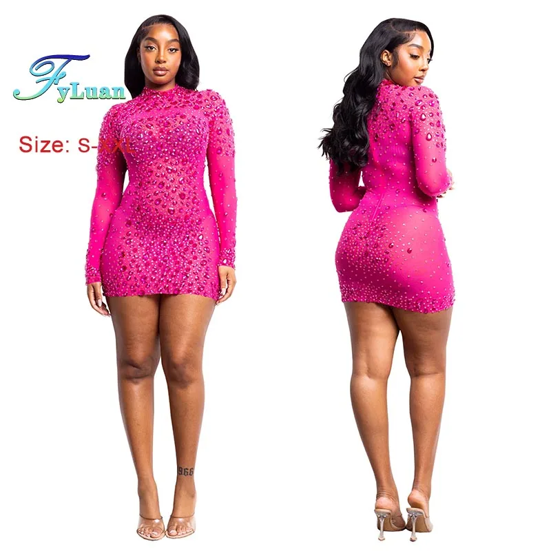 Mode Dameskleding Sexy Mesh Mini-jurk Effen Kleur Sheer Afslankende Bodycon Jurk Lange Mouw Nauwsluitende Nachtclubjurk