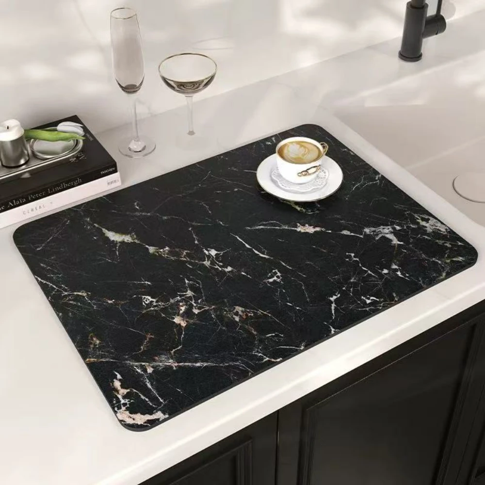 

Black Marble Dish Drying Mat Non-Slip Super Absorbent Quick Dry Pad Kitchen Counter Sink Draining Washable Stone Themed Mat