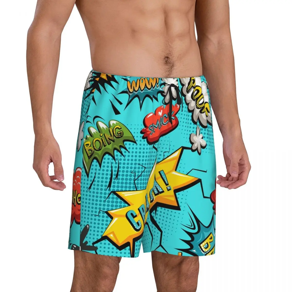 Custom Men's Superhero Cartoon Anime Pajama Shorts Comic Pop Art Explosions Pattern Sleep Pjs Sleepwear Bottoms with Pockets