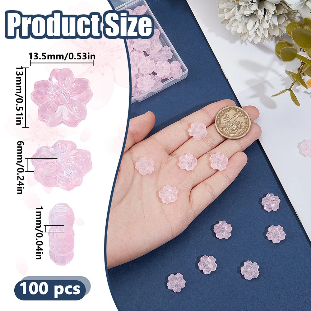 100PCS Glass Flower Beads Translucent Pink Bead Bulk Glass Spacer Beads Pink Floral Bead Charms for Jewelry Making Bracelets