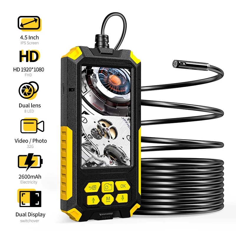 

4.5 "IPS Screen Dual Lens Industrial Endoscope 2.0 MP Bore Scope Snake Camera IP68 Sewer Pipe Drain Inspection Camera with 8 LED