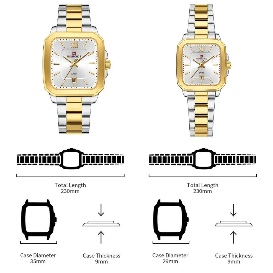 NAVIFORCE Quarzuhren für Paare, schwarzer Edelstahl, Business-Herrenuhr, lässig, minimalistisch, Damen-Geschenkuhr, Pareja Regalo