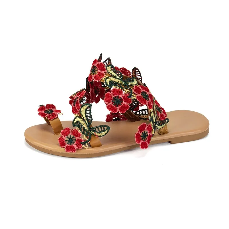 Sandalias de talla grande para mujer, chanclas planas con flores rojas, informales, antideslizantes, a la moda, novedad de verano