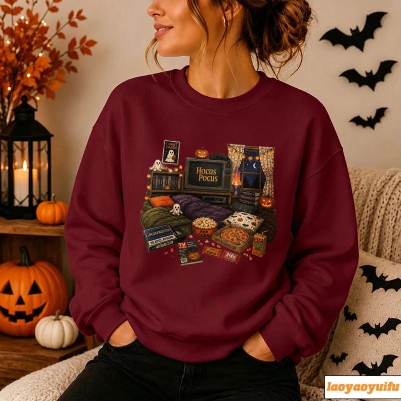 Halloween Movie Night Retro Cozy Bedroom Snack Pizza Popcorn Ghost Pumpkin Vintage Graphic Sweatshirt Casual Pullover Streetwear