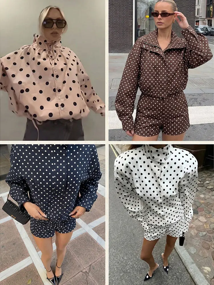 HH Frühlingsjacke mit Polka Dots für Damen, trendige Langarm-Rollkragenjacke, Oversize-Cropped-Mantel, Top, Damenmode, lässige Streetwear
