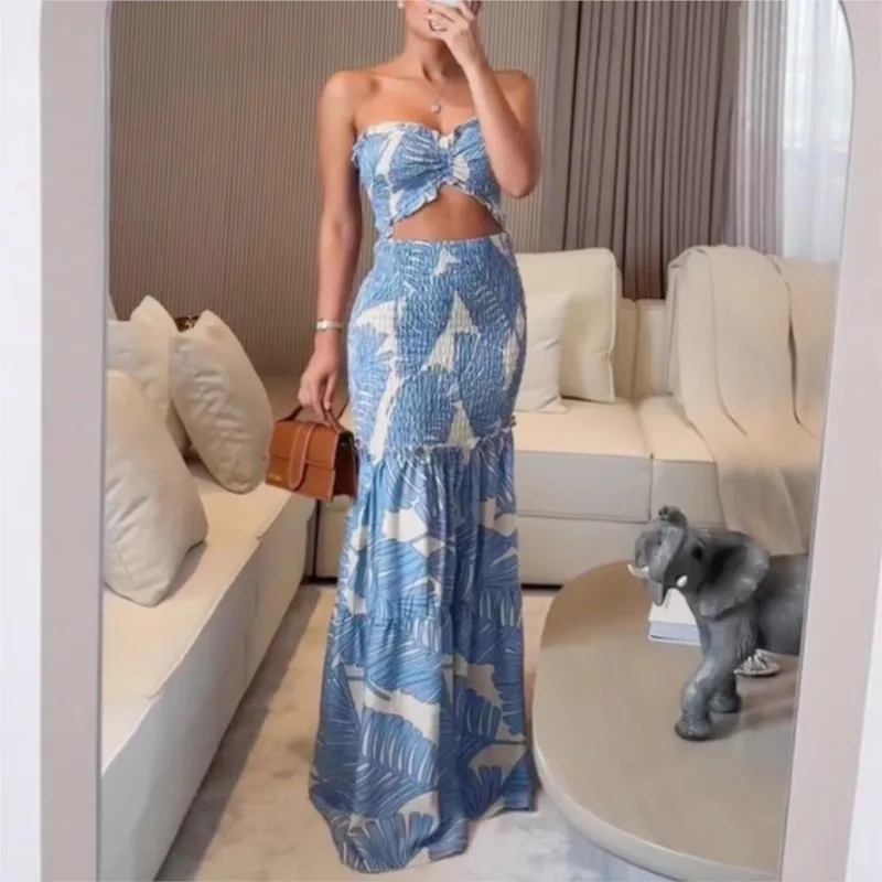 

2025 New Hollow Out Splic Palm Leaf Print Long Dresses For Women Sexy Sleeveless Breast Wrap Bag Hip Beach Vacation Dress Robe