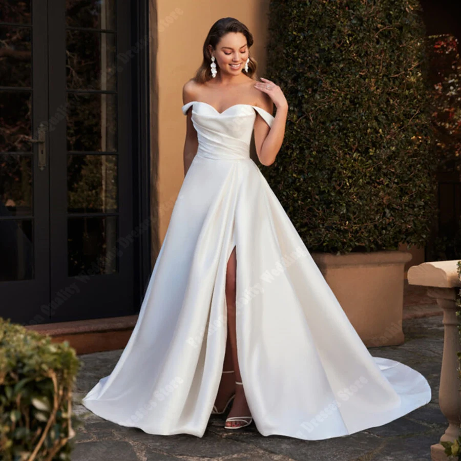 Elegante A-Linie Satin Oberfläche Brautkleider von der Schulter Brautkleider sexy Gabel Wisch länge Prinzessin Vestido de Novia