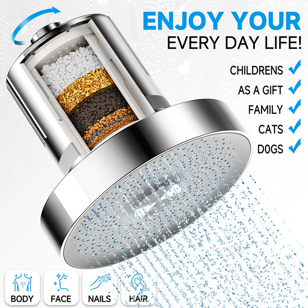6 Inch Shower Head 15 Stage Shower Filter Water Purifier Remove Chlorine Bathroom Rainfall Showerhead Hard Water Shower Filter