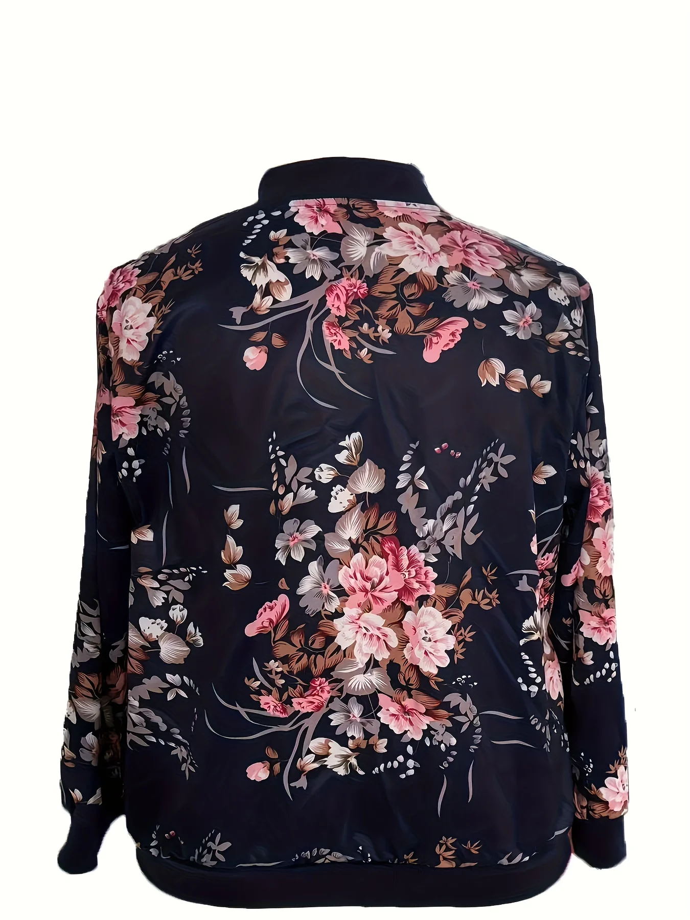 Women Plus Size Floral Print Bomber Jacket, Long Sleeve Zip Up Casual Baseball Coat with Ribbed Cuffs for Fall Daily Wear