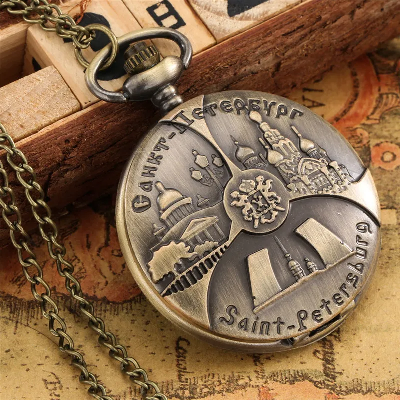 Steampunk Style St. Petersburg Design Analog Quartz Pocket Watch for Men Women with Necklace Chain Arabic Number Clock