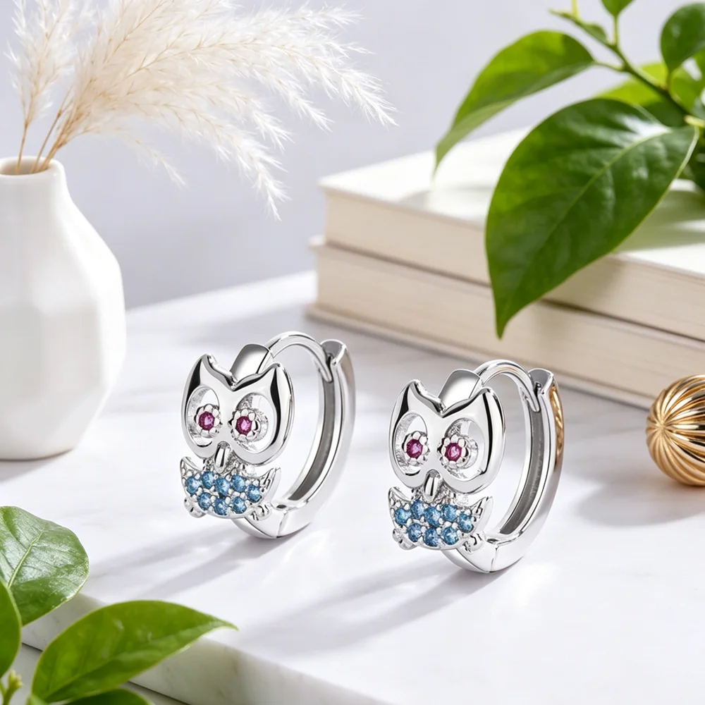 Simple Charm Round Multiple Zirconia Fashion Jewelry 100% 925 Sterling Silver Rose Night Owl Hoop Earrings For Women Gift