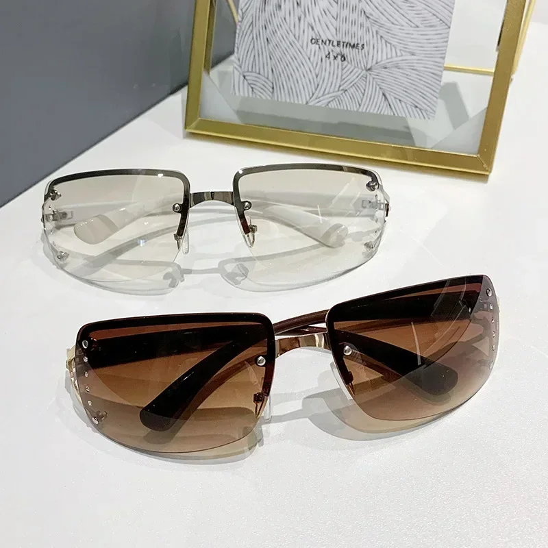 Kacamata Hitam Persegi Tanpa Bingkai Luar Ruangan Kacamata Hitam Sederhana Uniseks Pria Wanita Cermin Warna Gradien Merek Desainer Fashion