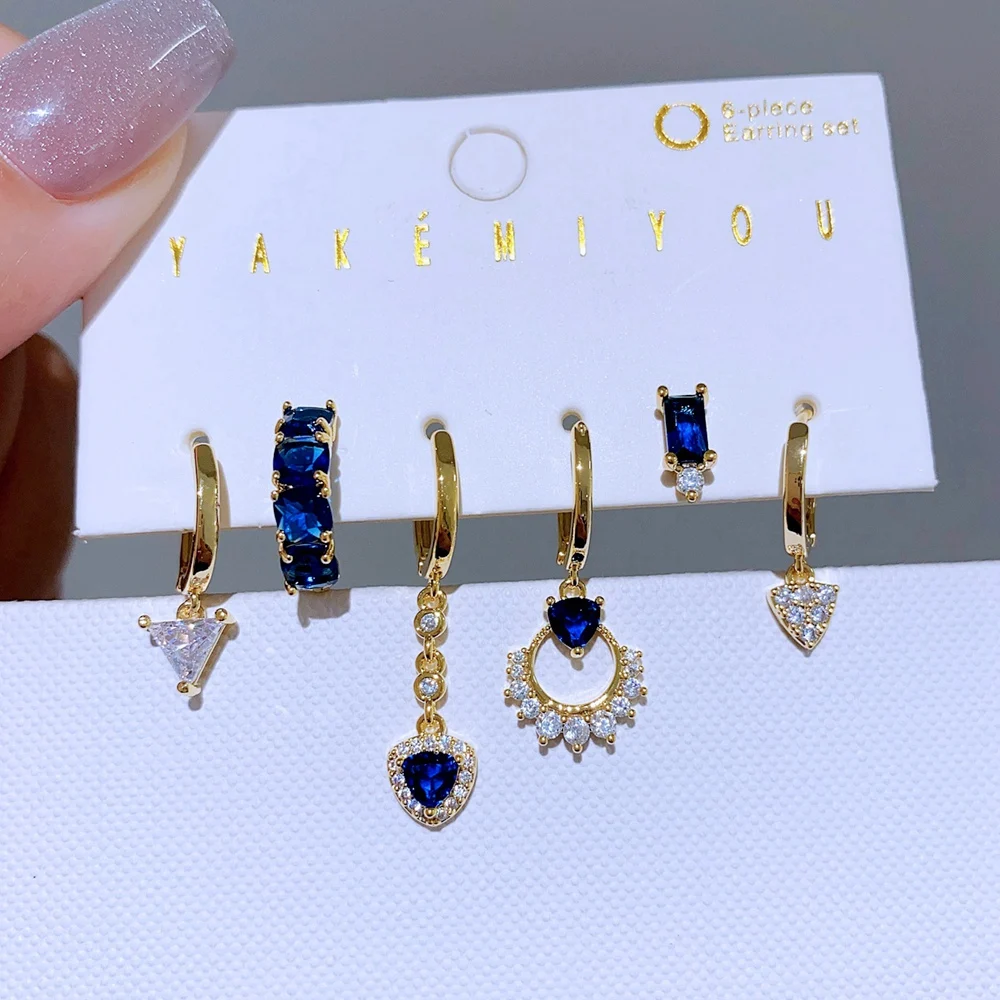 MIGGA 6pcs Royal Blue Cubic Zircon Dangle Earrings Set Gold Plated Luxury CZ Crystal Women Jewelry