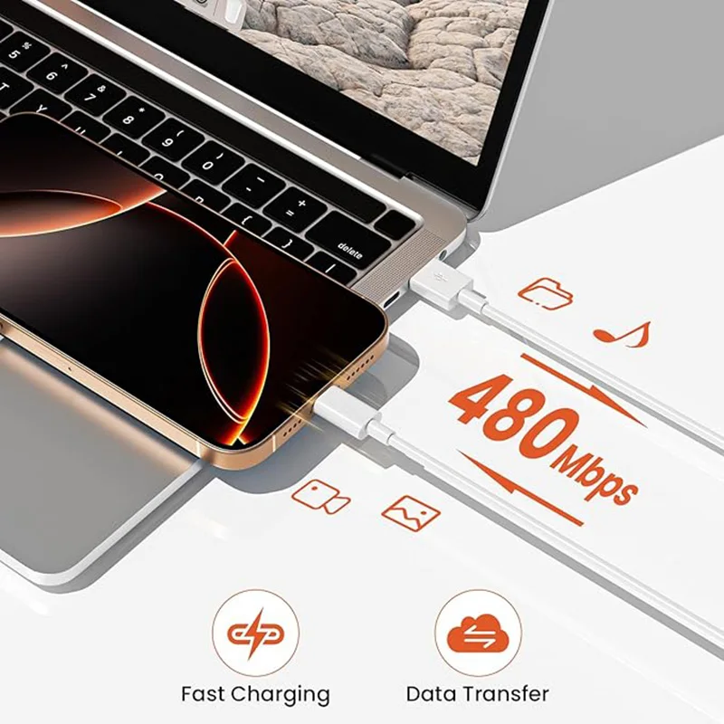 كابل Carplay USB C من النوع C لهاتف Iphone 17 16 15 Pro Max Macbook Ipad Samsung Huawei Xiaomi USB-A سلك شحن سريع 4 عبوات 1 متر + 2 متر