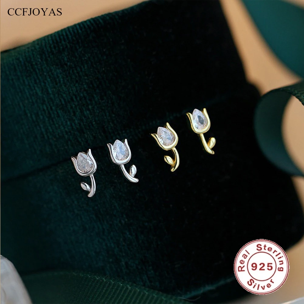 CCFJOYAS anting-anting Mini bunga Tulip perak murni 925 sederhana, anting-anting kancing untuk anak perempuan, anting Mini bunga musim panas kelas atas berlapis emas 18k