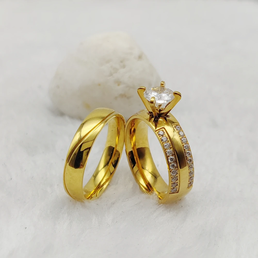 Designer Fine-Jewelry-Wholesale Shop His and Hers Couples Rings Cz 24K Gold Plated Wedding Marriage Rings