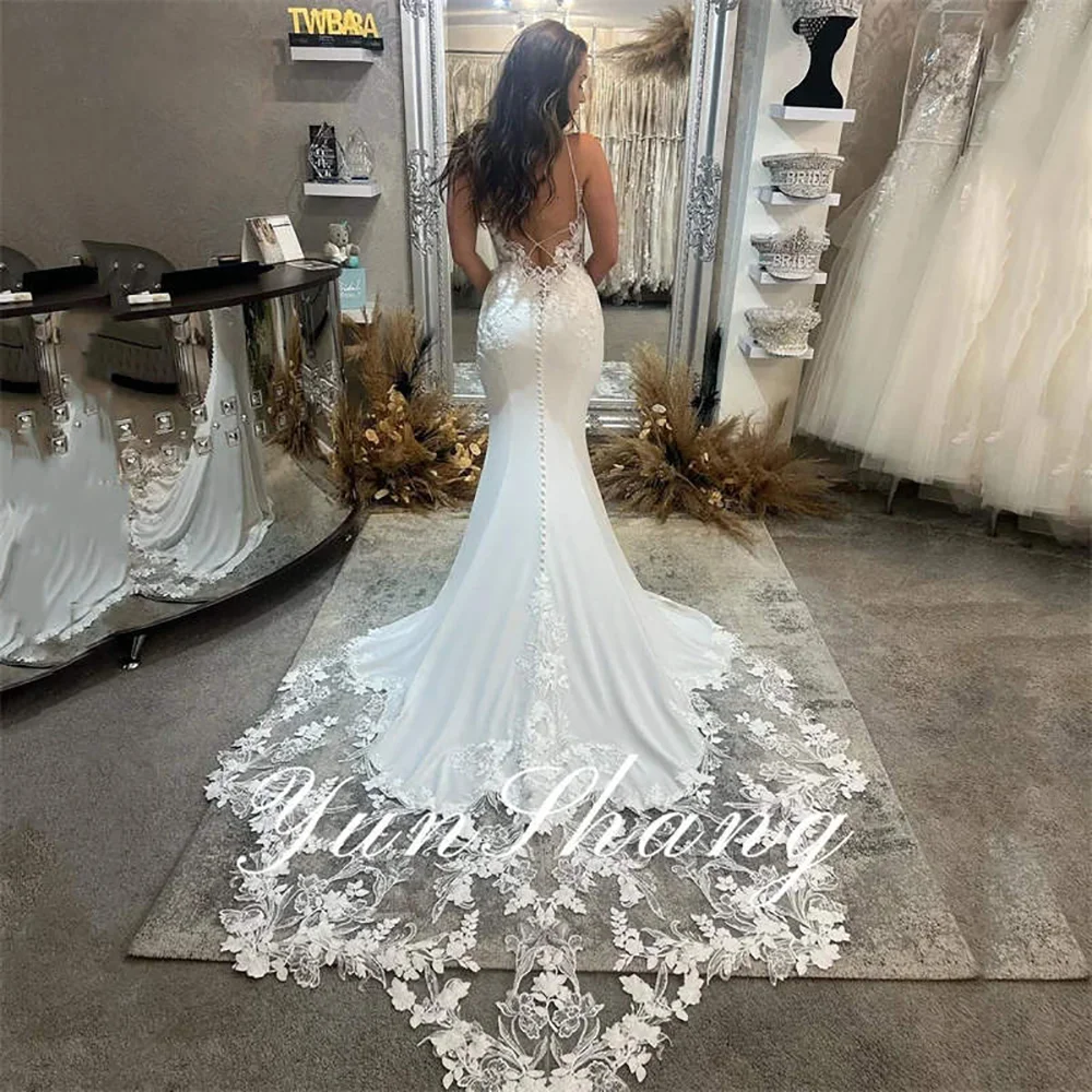 Elegant Mermaid Wedding Dress Spaghetti Straps Deep V Neck Lace Appliques Backless Buttons Chapel Train Satin Bridal Gown Custom image 2
