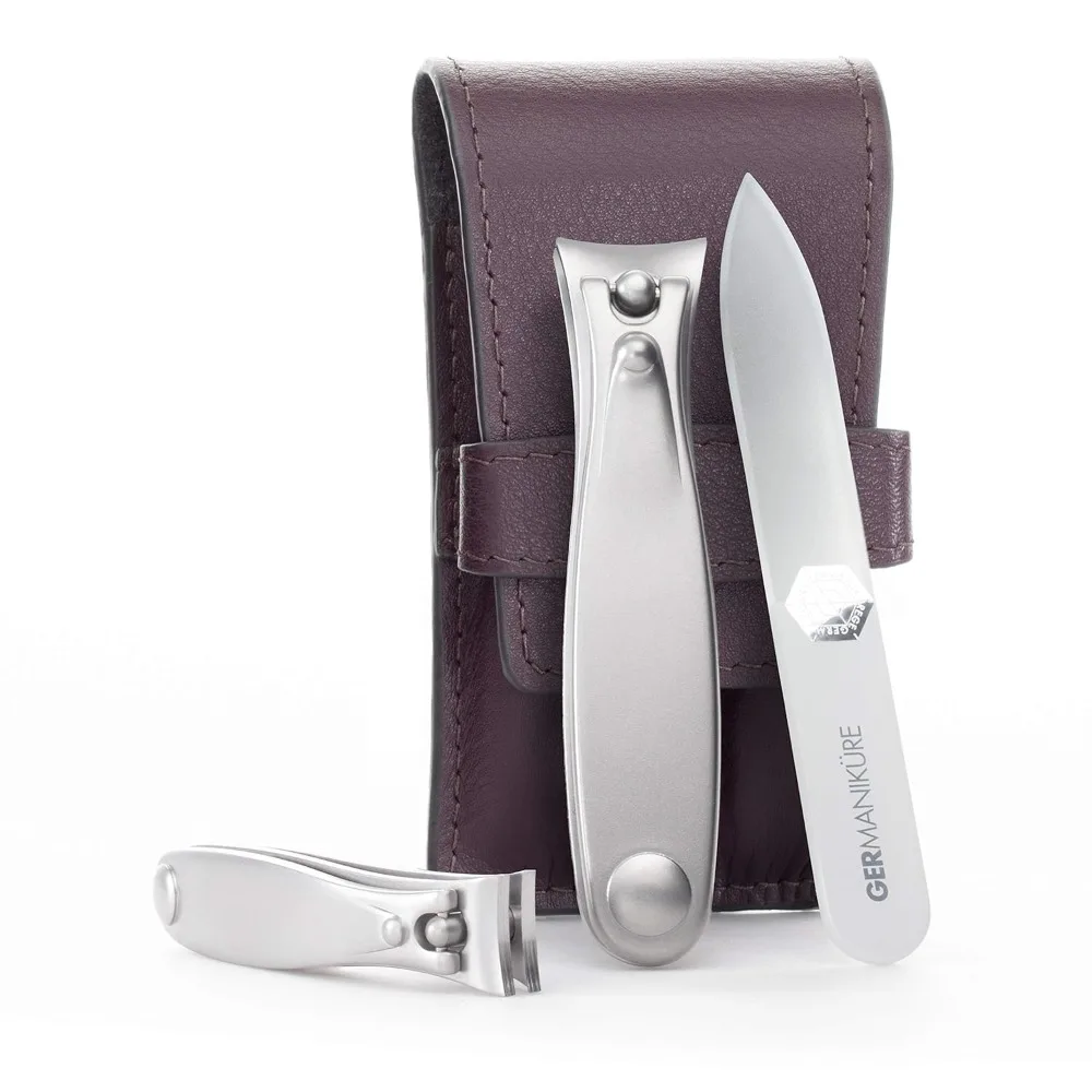 

GERMANIKURE Nail clippers and Glass Nail File Set in Dark Purple Leather Case - Made in Solingen Germany of FINOX Stainless Stee
